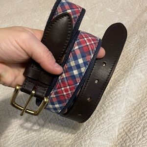 Vineyard vines Plaid canvas Leather and brass belt 35 in